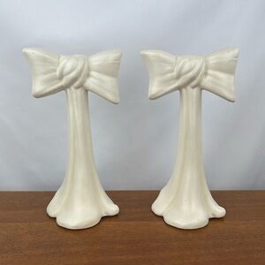Vintage matte pottery bow candle stick holders pair